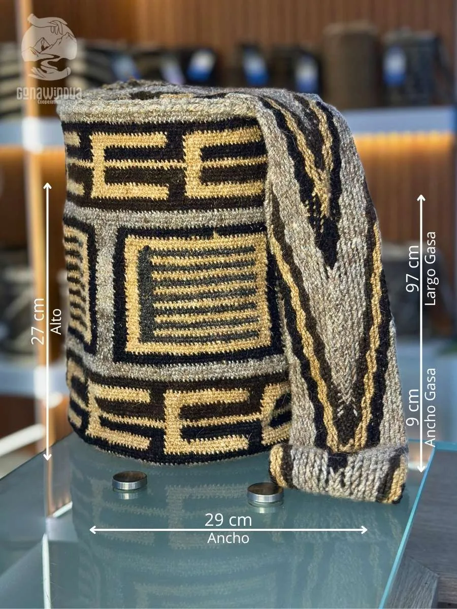 Mochila Arhuaca mediana de lana de ovejo con medidas, diseño Cutía